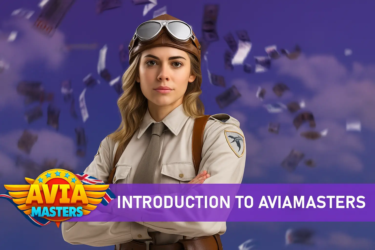 An introduction to the Avia Masters game, featuring a female pilot with the game logo customized with a UK flag.