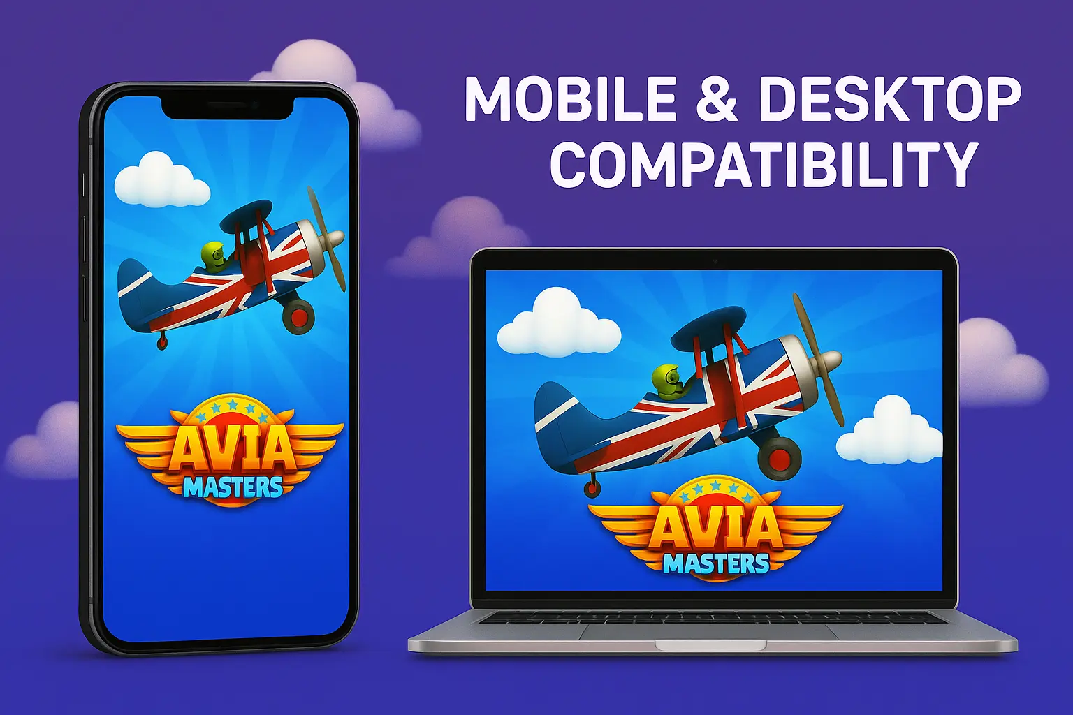 The Avia Masters game shown on both a mobile phone and a laptop screen, demonstrating its mobile and desktop compatibility for all users.