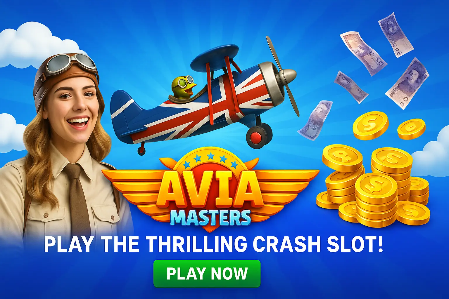 A promotional banner for the Avia Masters crash slot game featuring a smiling female pilot, a cartoon airplane with a UK flag, and falling money, with a call to 'Play Now'.