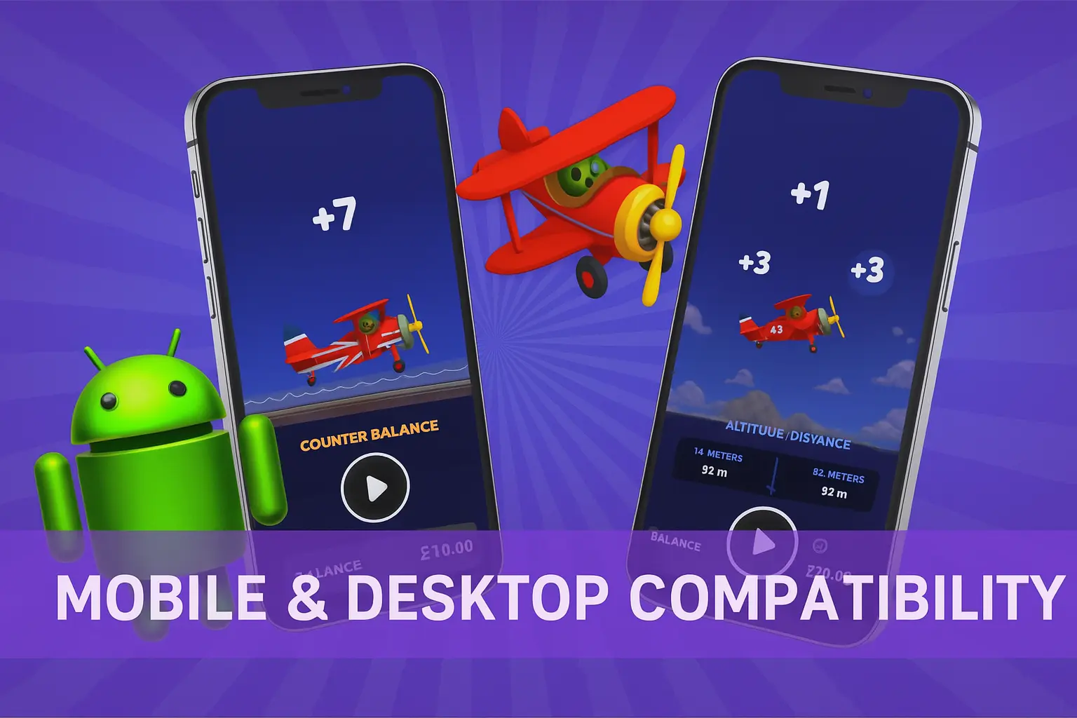 Avia Masters gameplay on two mobile phones alongside the Android logo, highlighting the game's mobile compatibility.