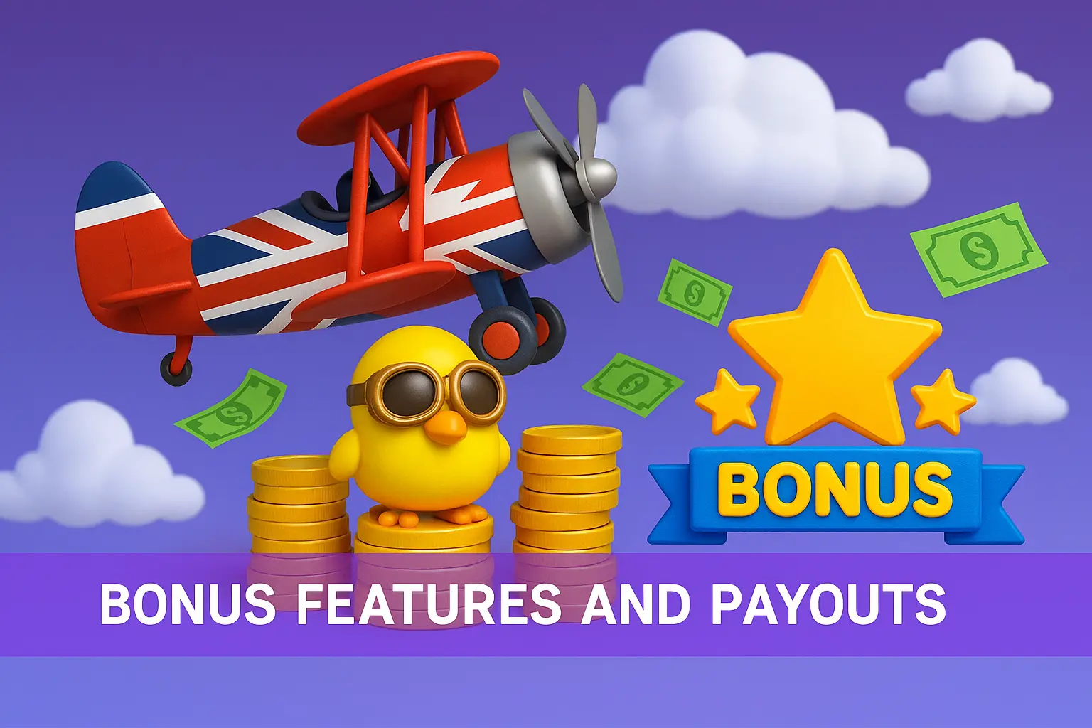 An overview of the bonus features and payouts in the Avia Masters game, showing the game's mascot, gold coins, and a large bonus icon.