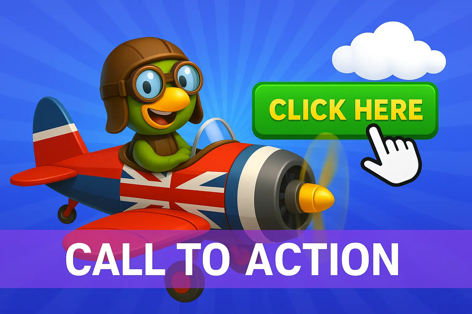A call to action for the Avia Masters game, showing the cartoon mascot in a plane next to a large green 'Click Here' button.