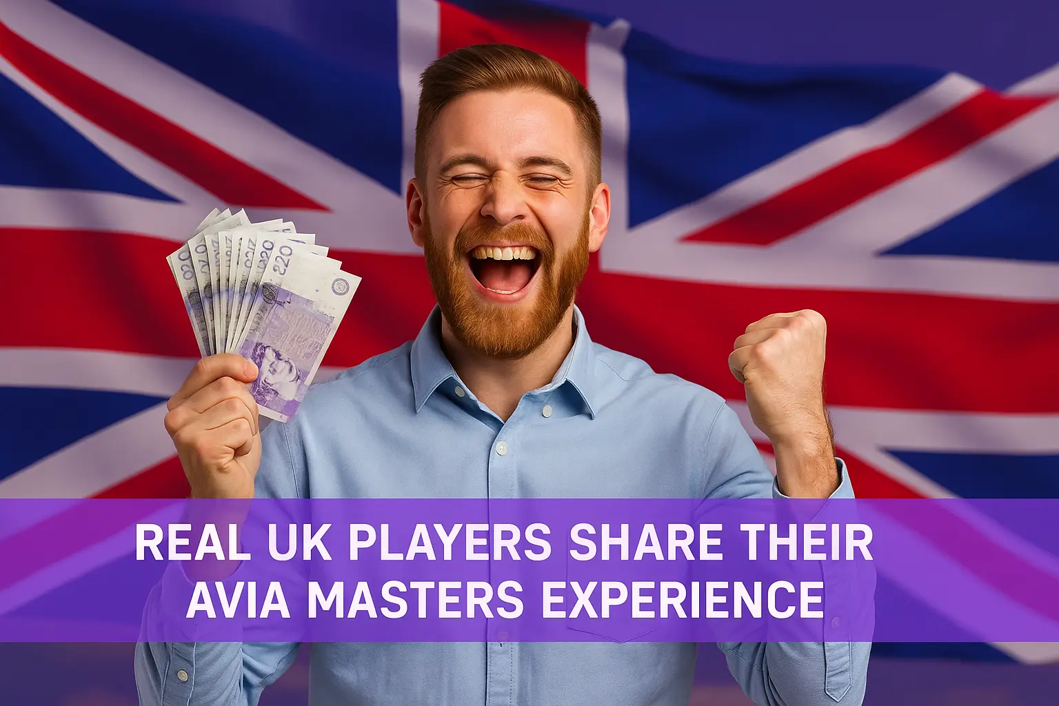 A happy UK player holding cash in front of a Union Jack, representing a real player experience with the Avia Masters game.