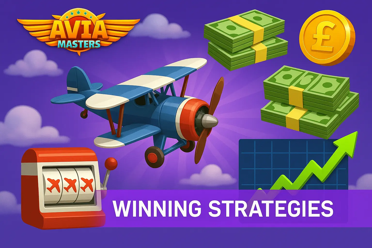 An image illustrating winning strategies for Avia Masters, showing game elements like an airplane, cash, a pound coin, and a rising graph.