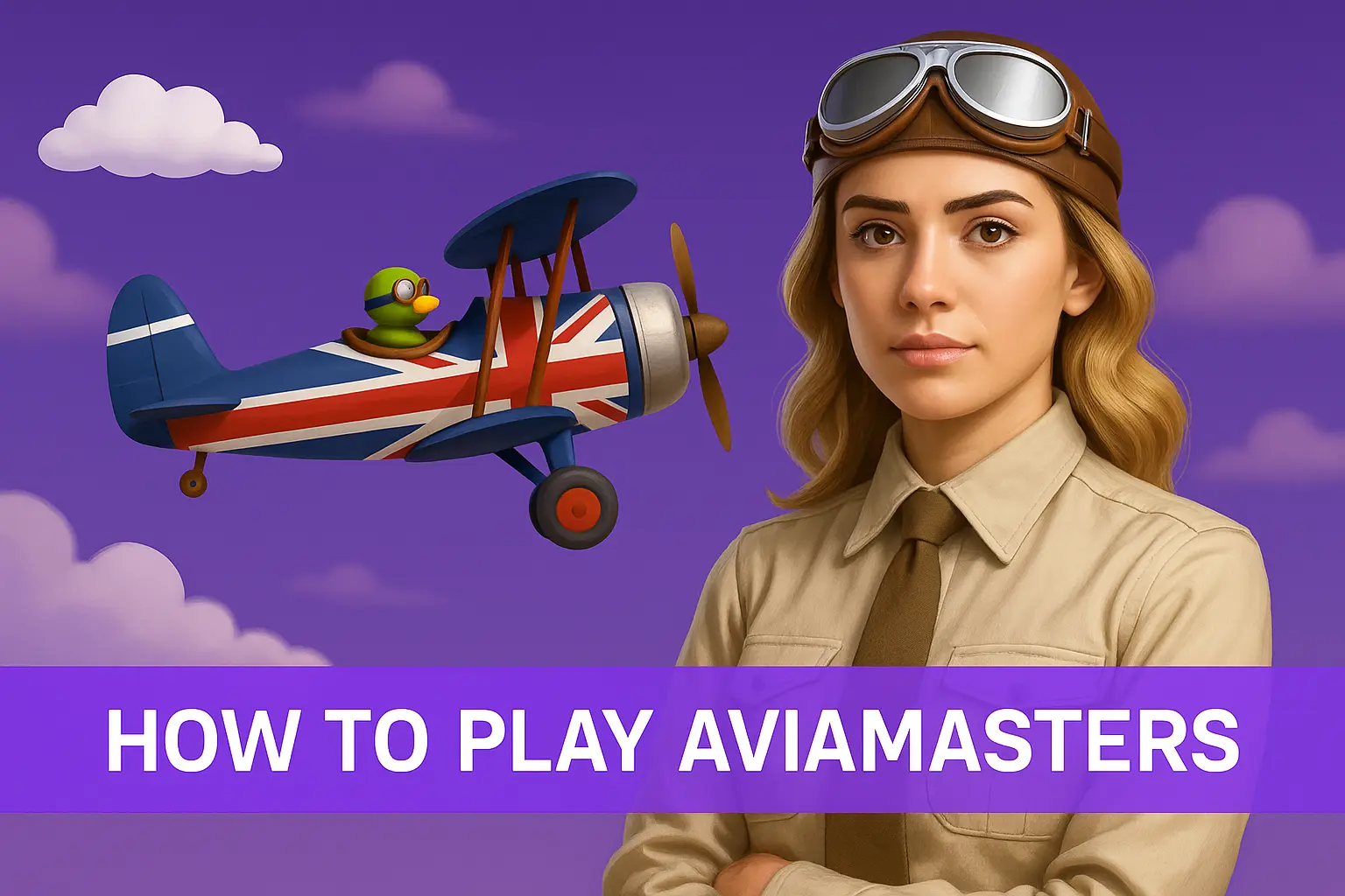 A guide on how to play Avia Masters, featuring a female pilot and the game's cartoon airplane against a purple background.